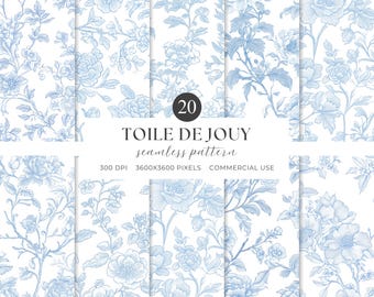 Blue Toile De Jouy Seamless Pattern, Blue Floral Pattern, Blue French Toile Pattern, French Toile Digital Paper, Blue Chinoiserie Pattern
