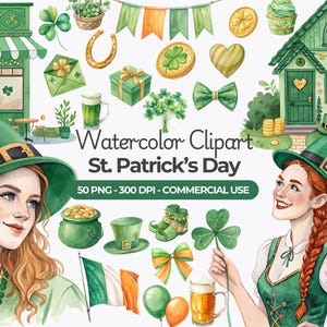 Aquarel St. Patrick's Day clipart, Saint Patricks Day PNG, kabouter, klaver, Ierse illustraties, pot met goud, commercieel gebruik