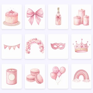 May include: Watercolour illustrations of party and celebration elements. Includes a pink cake, bow, champagne bottle, candles, bunting, balloon arch, mask, crown, candle, macarons, balloons, and a rainbow.