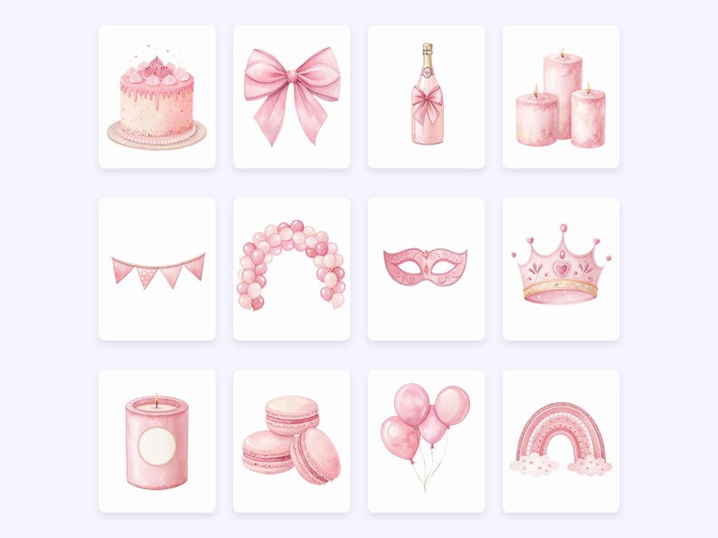 May include: Watercolour illustrations of party and celebration elements. Includes a pink cake, bow, champagne bottle, candles, bunting, balloon arch, mask, crown, candle, macarons, balloons, and a rainbow.