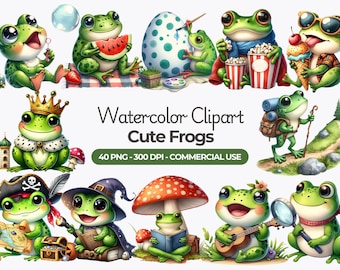 Watercolor Frog Clipart Set, Nursery Art (PNG, Commercial Use)