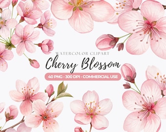 Watercolor Cherry Blossom Clipart, Sakura Floral Frames (Commercial Use)