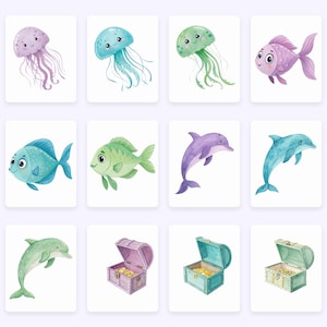 Pu&ograve; includere: Illustrazioni ad acquerello di vita marina, tra cui meduse, pesci e delfini. Le immagini presentano una variet&agrave; di colori, come viola, blu e verde. Sono inclusi anche forzieri pieni di monete d'oro.