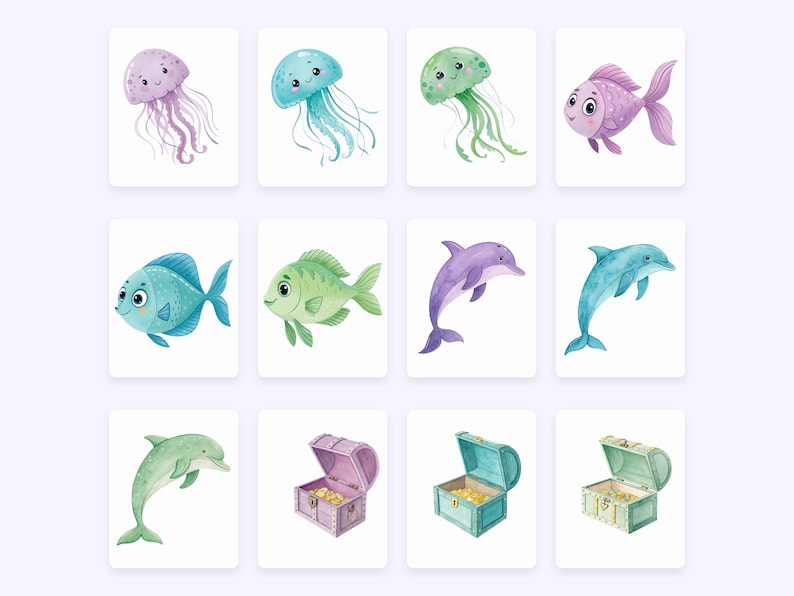 Pu&ograve; includere: Illustrazioni ad acquerello di vita marina, tra cui meduse, pesci e delfini. Le immagini presentano una variet&agrave; di colori, come viola, blu e verde. Sono inclusi anche forzieri pieni di monete d'oro.