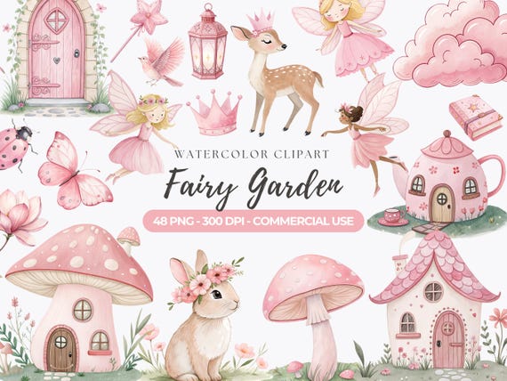 Watercolor Fairy Garden Clipart, Pink Fairy PNG, Fairies Clip Art, Fairy Mushroom, Enchanted Forest, Pink Flower, Commercial Use
