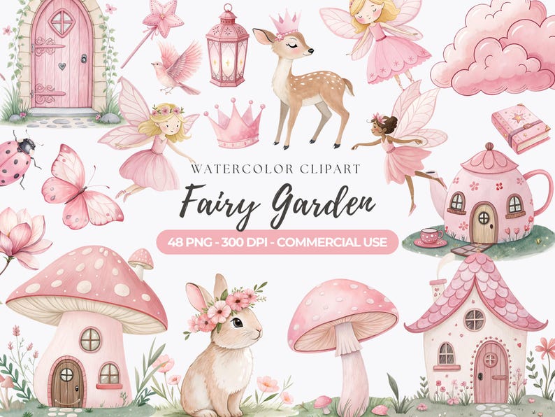 K&ouml;nnte beinhalten: Aquarell-Clipart-Set mit einem Feengarten-Thema. Das Set enth&auml;lt eine rosafarbene T&uuml;r, ein Pilzhaus, ein Teekannenhaus, ein Reh, einen Schmetterling, einen Vogel, eine Fee, eine Krone, eine Laterne, eine Wolke, ein Buch und einen Marienk&auml;fer. Das Set ist perfekt, um fantasievolle und magische Designs zu erstellen.