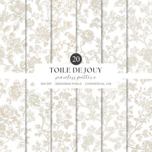 May include: A set of 20 seamless Toile de Jouy patterns. The designs showcase floral and bird motifs in a neutral beige hue against a white backdrop. The image includes text indicating the patterns are for commercial use.