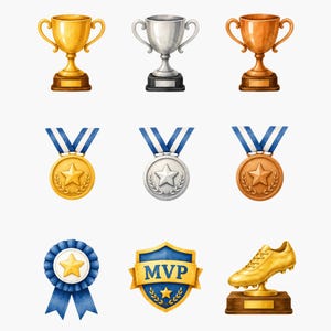 May include: A collection of nine awards including three trophies in gold, silver, and bronze, three circular medals with blue ribbons featuring a star design, a blue rosette with a central star, a shield-shaped MVP emblem, and a golden soccer cleat trophy.