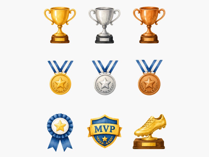 May include: A collection of nine awards including three trophies in gold, silver, and bronze, three circular medals with blue ribbons featuring a star design, a blue rosette with a central star, a shield-shaped MVP emblem, and a golden soccer cleat trophy.
