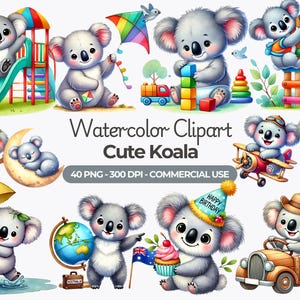 Clipart de koala lindo en acuarela, koala bebé PNG, decoración de guardería, manualidades de papel, baby shower, uso comercial