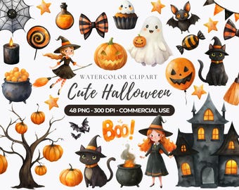 Puede incluir: Conjunto de imágenes prediseñadas de acuarela con ilustraciones temáticas de Halloween. Incluye calabazas, murciélagos, fantasmas, brujas, gatos negros, una casa embrujada y otros elementos festivos. También se incluye el texto "Cute Halloween".