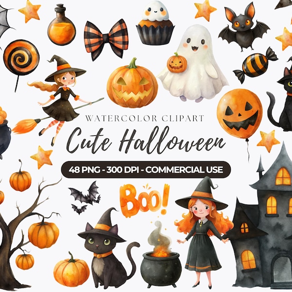 以下が含まれることがあります： ハロウィーンをテーマにした水彩画クリップアートセット。カボチャ、コウモリ、幽霊、魔女、黒猫、お化け屋敷、その他のフェスティバル要素が含まれています。「Cute Halloween」というテキストも含まれています。