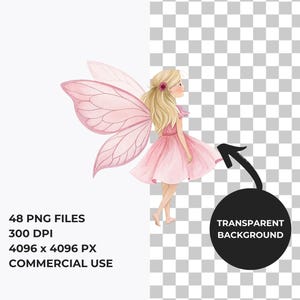 K&ouml;nnte beinhalten: Eine Aquarell-Illustration einer Fee mit rosa Fl&uuml;geln und einem rosa Kleid. Die Fee hat blonde Haare und eine Blume im Haar. Der Hintergrund ist transparent.