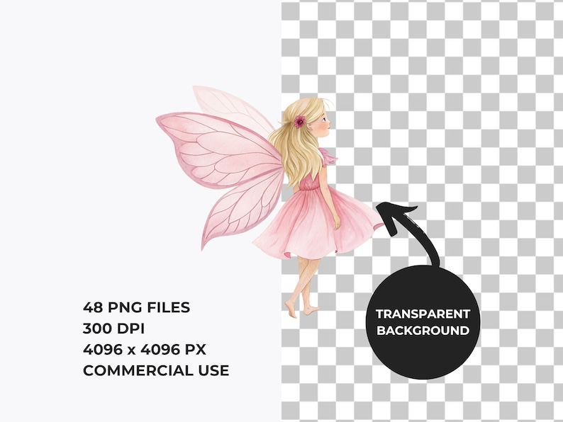 K&ouml;nnte beinhalten: Eine Aquarell-Illustration einer Fee mit rosa Fl&uuml;geln und einem rosa Kleid. Die Fee hat blonde Haare und eine Blume im Haar. Der Hintergrund ist transparent.