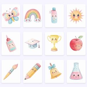 May include: A set of watercolour illustrations depicting cheerful objects. The images include a butterfly, rainbow, water bottle, sun, glue bottle, graduation cap, trophy, apple, paintbrush, pencil, bell, and a flask, all with smiling faces.