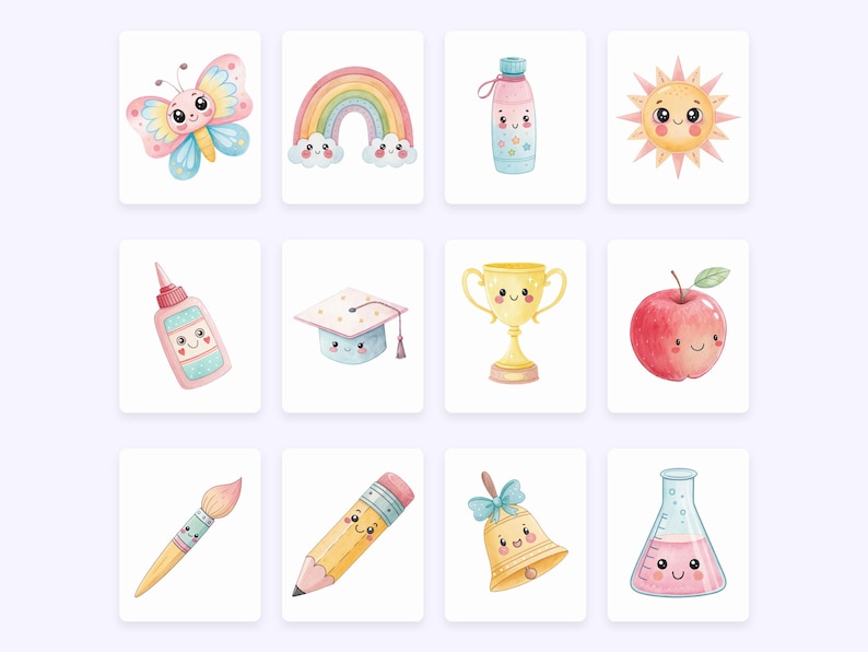 May include: A set of watercolour illustrations depicting cheerful objects. The images include a butterfly, rainbow, water bottle, sun, glue bottle, graduation cap, trophy, apple, paintbrush, pencil, bell, and a flask, all with smiling faces.