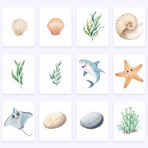 May include: A set of 10 watercolor illustrations featuring various sea creatures and plants. The illustrations include a starfish, a shark, a stingray, a seashell, seaweed, and a coral reef.