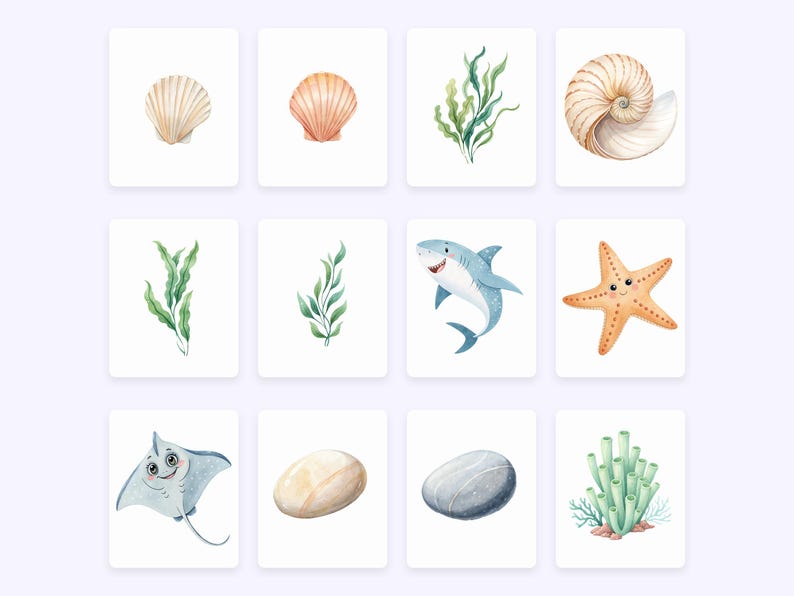 May include: A set of 10 watercolor illustrations featuring various sea creatures and plants. The illustrations include a starfish, a shark, a stingray, a seashell, seaweed, and a coral reef.