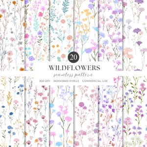 May include: A collection of 20 seamless wildflower patterns in various colors, including pink, purple, blue, and yellow, on a white background. The image includes the text "WILDFLOWERS seamless pattern" and details about the resolution and commercial use.