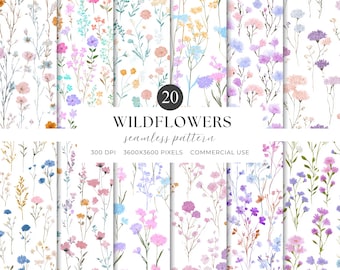 May include: Twenty seamless wildflower patterns in shades of pink, purple, blue, and yellow, set against a white backdrop. The image features the text "WILDFLOWERS seamless pattern" and information on resolution and commercial use.