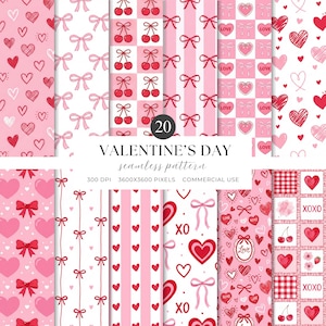 Puede incluir: Una colección de 20 patrones sin costuras para el Día de San Valentín en tonos rosa y rojo. Los diseños incluyen corazones, lazos, cerezas y la palabra "Love". Adecuado para uso comercial. El texto de la imagen dice "Valentine's Day seamless pattern".