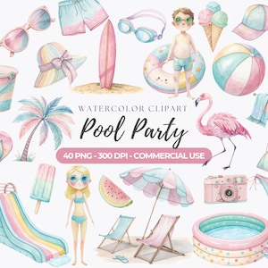 Clipart de fiesta en la piscina pastel, PNG de verano lindo, clipart de playa de acuarela, pelota de playa, helado, cóctel, castillo de arena, uso comercial