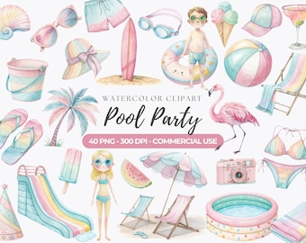 Pastell Pool Party Clipart, Sommer Aquarell PNG (kommerzielle Nutzung)