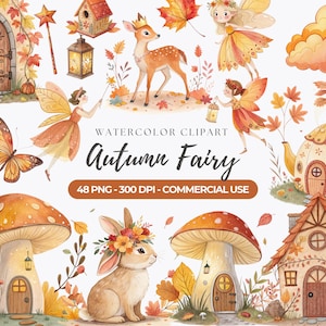 Può includere: Clipart ad acquerello con tema fatine autunnali. L'immagine include fate, un cervo, un coniglio, funghi, case e foglie autunnali. Il testo "Autumn Fairy" è visualizzato, insieme a "48 PNG - 300 DPI - COMMERCIAL USE".