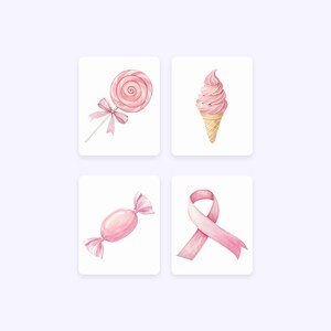 May include: Watercolour illustrations of pink sweets and a ribbon on white squares. The image includes a lollipop with a bow, a soft-serve ice cream cone, a wrapped sweet, and a pink ribbon.