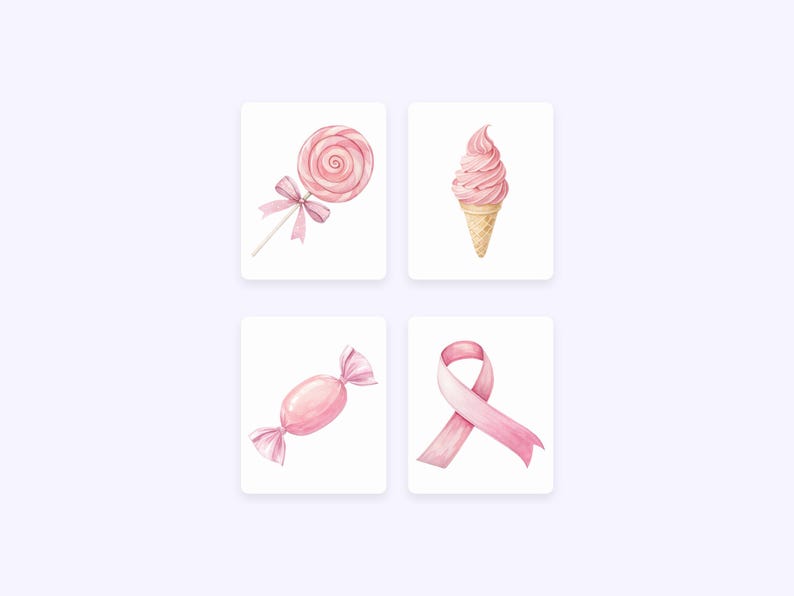 May include: Watercolour illustrations of pink sweets and a ribbon on white squares. The image includes a lollipop with a bow, a soft-serve ice cream cone, a wrapped sweet, and a pink ribbon.
