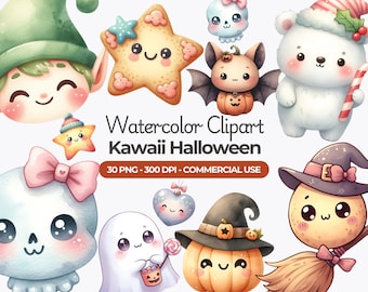 Kawaii Halloween Clipart Bundle, Ghosts, Pumpkins PNG (Commercial Use)