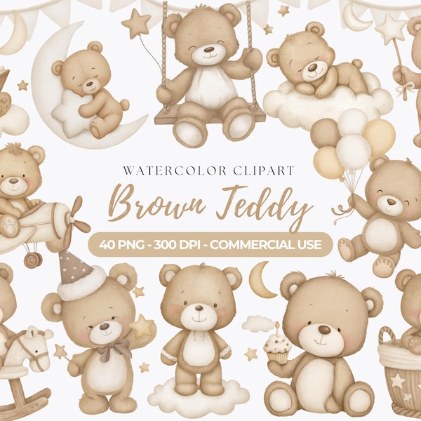 Watercolor Teddy Bear Clipart, Boho Baby Shower Graphics, Neutral Nursery Art, 40 PNGs