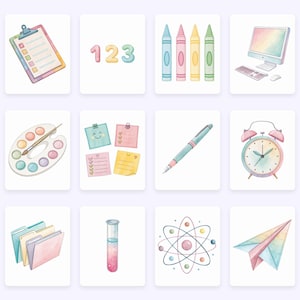 Op de afbeelding: Waterverfillustraties van school- en kantoorbenodigdheden. Inclusief een klembord, cijfers, kleurpotloden, een computer, een verfpalet, plaknotities, een pen, een wekker, mappen, een reageerbuis, een atoommodel en een papieren vliegtuigje.