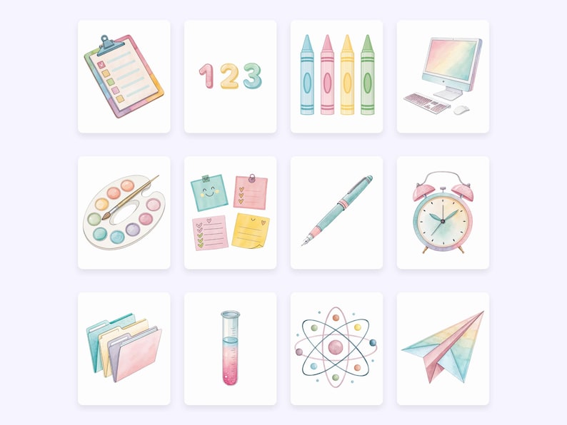 Op de afbeelding: Waterverfillustraties van school- en kantoorbenodigdheden. Inclusief een klembord, cijfers, kleurpotloden, een computer, een verfpalet, plaknotities, een pen, een wekker, mappen, een reageerbuis, een atoommodel en een papieren vliegtuigje.