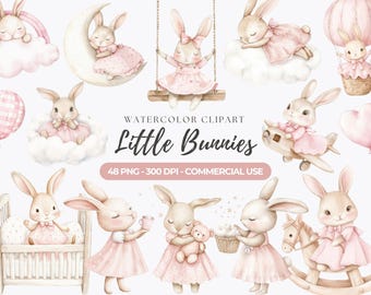 May include: Watercolor clipart featuring adorable bunnies in various poses. The bunnies are dressed in pink dresses and are shown with a swing, a rocking horse, a hot air balloon, and a plane. The text "Little Bunnies" is also included.
