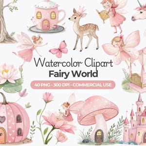 Clipart di fata rosa acquerello, PNG di fata, Clipart di giardino delle fate, Grafica di funghi, Clip art di vivaio, Uso commerciale