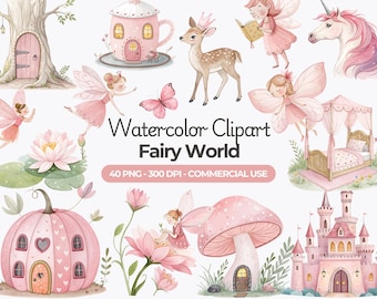 Aquarell Rosa Fee Clipart, Fee PNG, Fee Garten Clipart, Pilz Grafiken, Kinderzimmer Clip Art, kommerzielle Nutzung