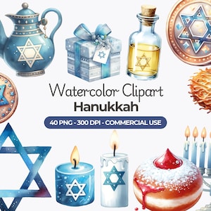 Aquarel Chanoeka Clipart, menora, Chanoeka Clipart, Yamaka, Thora, Davidster, Sufganiyah, commercieel gebruik