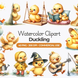 Clipart de patito de acuarela, lindo pato PNG, patito bebé, patito de Pascua, clipart de guardería, baby shower, uso comercial