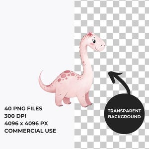 May include: A pink watercolor dinosaur with a flower on its head. The dinosaur has a long neck and a long tail. The background is transparent.