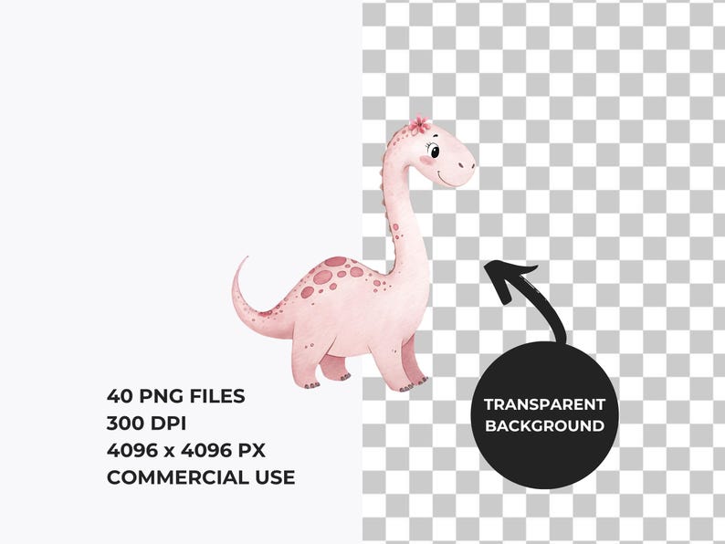 May include: A pink watercolor dinosaur with a flower on its head. The dinosaur has a long neck and a long tail. The background is transparent.