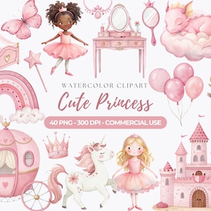 Clipart de princesa rosa, princesita PNG, clipart de cuento de hadas, princesa acuarela, jardín de hadas, unicornio, castillo, caballero, uso comercial