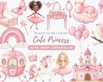 Clipart roze prinses aquarel, Eenhoorn, kasteel (PNG)