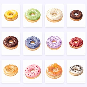Puede incluir: Doce donuts diferentes con varios ingredientes, incluyendo chispas, chocolate y fruta. Los donuts est&aacute;n dispuestos en una cuadr&iacute;cula sobre un fondo blanco.