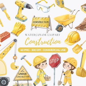 Clipart de construção em aquarela, PNG de construção fofo, veículos de construção, escavadeira, caminhão basculante, escavadeira, guindaste, uso comercial