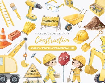 Watercolor Construction Clipart, PNG Vehicle Graphics (Commercial Use)