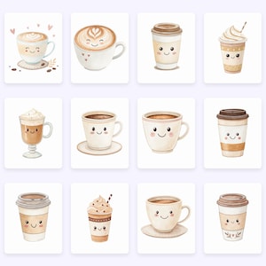 May include: A set of nine watercolor illustrations of cute coffee cups and drinks with smiling faces. The illustrations include a latte, cappuccino, iced coffee, and a variety of coffee cups.