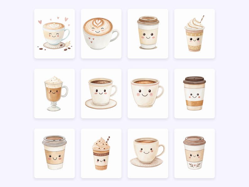 May include: A set of nine watercolor illustrations of cute coffee cups and drinks with smiling faces. The illustrations include a latte, cappuccino, iced coffee, and a variety of coffee cups.