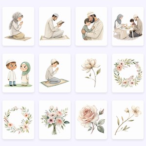 Pode incluir: Um conjunto de 10 ilustra&ccedil;&otilde;es digitais com pessoas rezando, uma fam&iacute;lia jantando junta, flores e coroas. As ilustra&ccedil;&otilde;es s&atilde;o em estilo aquarela e t&ecirc;m uma paleta de cores suave e discreta.
