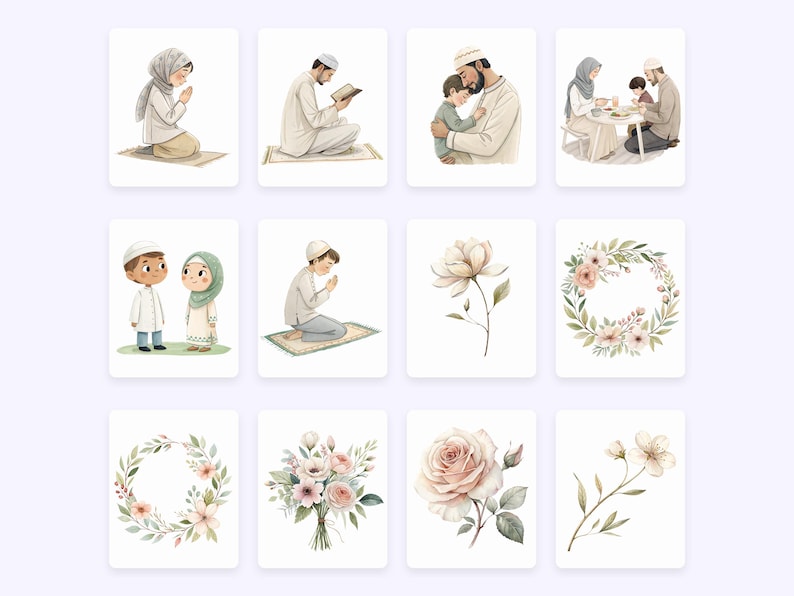 Pode incluir: Um conjunto de 10 ilustra&ccedil;&otilde;es digitais com pessoas rezando, uma fam&iacute;lia jantando junta, flores e coroas. As ilustra&ccedil;&otilde;es s&atilde;o em estilo aquarela e t&ecirc;m uma paleta de cores suave e discreta.